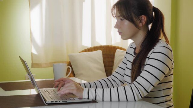 Young beautiful female student is typing on the netbook keyboard, laptop computer. Online training. Coronavisur pandemic, stay home. High quality 4k footage