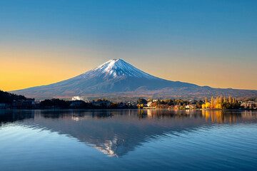 Fuji Mountain Reflection at Sunset, Kawagushiko Lake,  Japan.