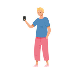 Teenager Boy in Casual Wear Holding Smartphone Vector Illustration