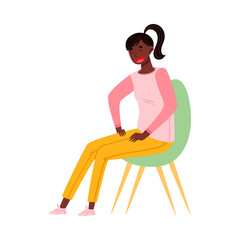 Smiling African American Girl Teenager in Casual Wear Sitting on Chair Vector Illustration