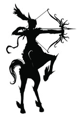The black silhouette of a beautiful centaur girl standing on her hind legs deftly pulls an arrow aiming into the distance, on her head and hooves wings, she is in armor. 2d illustration. - obrazy, fototapety, plakaty