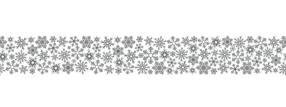 Snowflakes. Silver. Seamless horizontal border. Repeating vector pattern. Isolated colorless background. Endless holiday ornament. Delicate crystal background. Idea for web design, packaging.