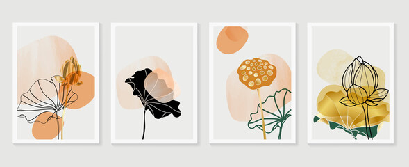 gold lotus and abstract wall arts vector collection.  Golden and luxury pattern design with leaves line arts, Hand draw Organic shape design for wall framed prints, canvas prints, poster, home dec