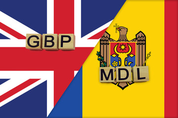 United Kingdom and Moldova currencies codes on national flags background