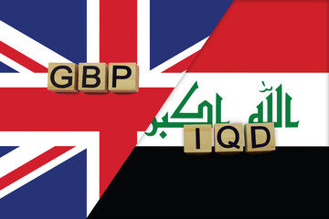 United Kingdom and Iraq currencies codes on national flags background