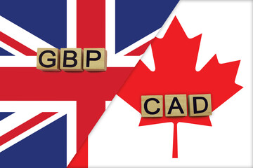 United Kingdom and Canada currencies codes on national flags background