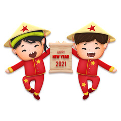 2021 Vietnamese New Year Tet illustration, buffalo, cute kids in traditional red shirt hold scroll, yellow hat, Lunar New Year. Hand drawn concept card, poster, banner.