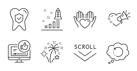 Recovery data, Scroll down and Development plan line icons set. Fireworks, Like video and Hold heart signs. Love message, Dental insurance symbols. Backup info, Swipe screen, Strategy. Vector