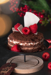 sponge cake three chocolates in a New Year's holiday decoration with raspberries. on dark background