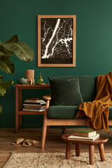 Stylish living room in house with modern retro interior design, velvet sofa, carpet on floor, brown wooden furniture, plants, poster mock up map, book, lamp and perosnal accessories in home decor.