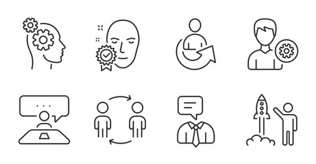 Face verified, Support and Support service line icons set. Thoughts, Launch project and Interview job signs. Workflow, Share symbols. Access granted, Edit profile, Human talking. People set. Vector