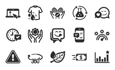 Swipe up, Dating and Smartphone notification icons simple set. Leaf dew, Money transfer and Yummy smile signs. Correct answer, Select alarm and Wash t-shirt symbols. Flat icons set. Vector