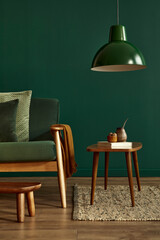 Fototapeta premium Minimalist living room interior in stylish house with design velvet sofa, carpet on floor, brown wooden coffee table, book, pendant lamp, perosnal accessories, copy space background in home decor.