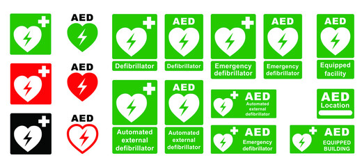 Emergency first aid defibrillator logo sign. White heart icon and white cross icon on a green background. Flat vector symbol location automated external. Medical signs Red automated external defibrill - obrazy, fototapety, plakaty