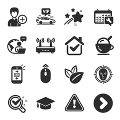 Set of Business icons, such as Ice cream, Vip transfer, Forward symbols. Face detect, Add person, Swipe up signs. Graduation cap, Organic product, Wifi. Spanner, Chemistry lab, Mail. Vector