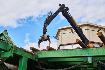 hydraulic manipulator controls the position of the logs on the feed conveyor in a modern sawmill