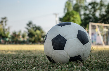 Fototapeta na wymiar An old soccer ball on the lawn in a still sunny evening.