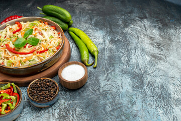 front view tasty salad with fresh vegetables on grey background food diet color meal health free place