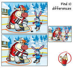 Bull and Rabbit are playing hockey. Find 10 differences. Educational game for children. Cartoon vector illustration