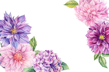 Greeting card, floral arrangements, flowers dahlia, rose, clematis, hydrangea, watercolor botanical illustration