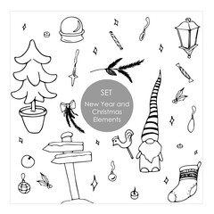New Year and christmas elements isolated on white set. Hand drawn  vector. doodle Includes scandinavian gnome, wood pointer, christmas tree, light fixture, tea candles, candies and stars.