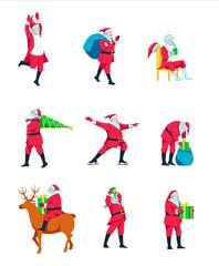 Santa Claus Collection. Funny Christmas character delivering gift and celebrating holidays, Merry Christmas and Happy New Year concept cartoon vector illustration