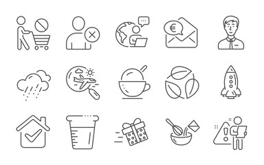 Ice cream, Leaves and Rainy weather line icons set. Delete user, Rocket and Cooking beaker signs. Present delivery, Businessman person and Euro money symbols. Line icons set. Vector