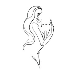 Woman body abstract silhouette, continuous line drawing, small tattoo, print for clothes, emblem or logo design for spa or beauty salon, cosmetics, isolated vector illustration.