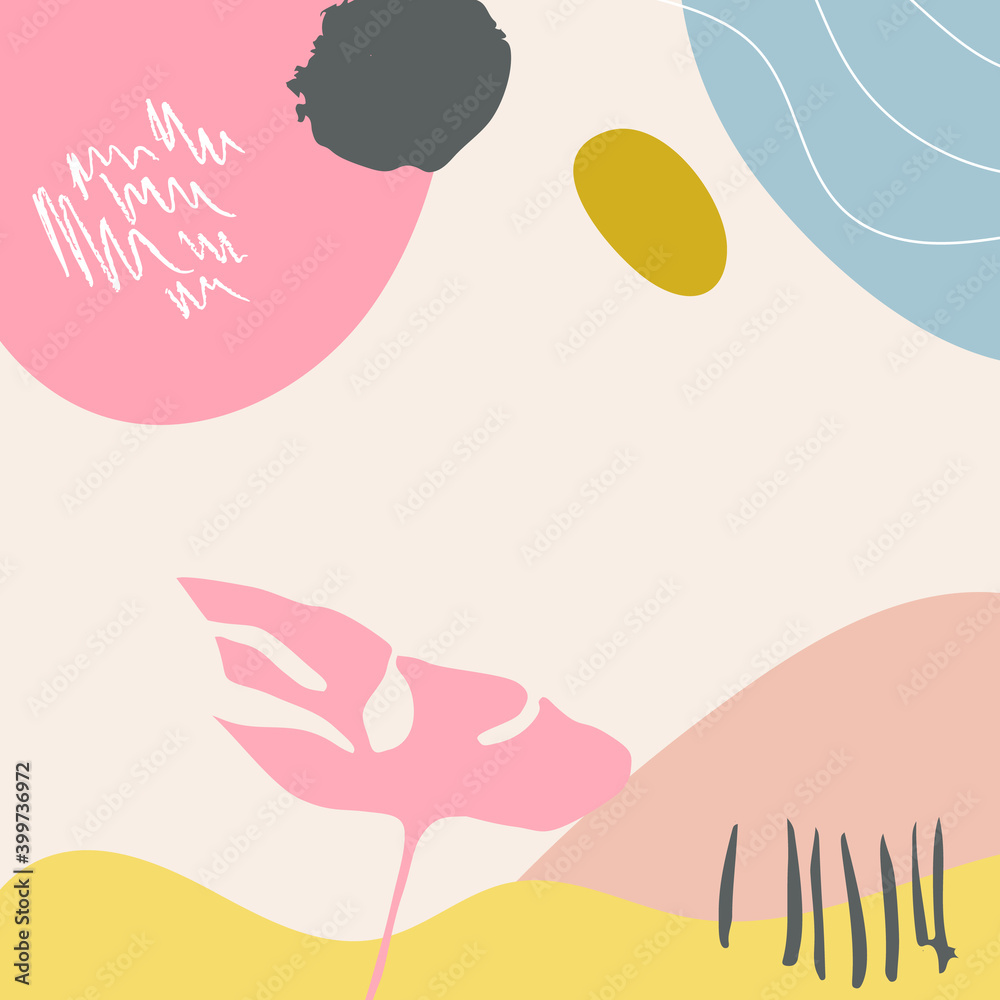 Poster abstract tropical background vector with palm leaf and shapes, lines and doodles in pastel colors