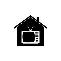 Home television icon with retro TV and house isolated on white background