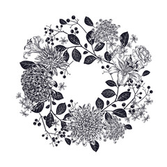 Kranz aus schönen Blumen. Schwarze Girlande auf weißem Hintergrund. Jahrgang © marinavorona