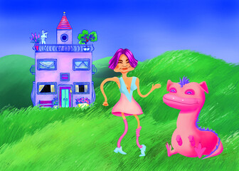 Obraz na płótnie Canvas A cheerful girl trying to stroke a pink dragon sitting and smiling happily. A fairy-tale with characters and medieval house in a green field