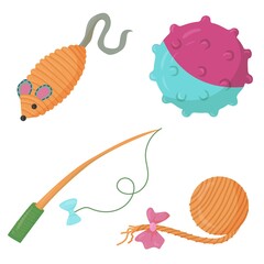 set of four toys of a cat or dog. Accessories for pets. An element from a set of doodles drawn by hand. Isolated illustration on a white background.