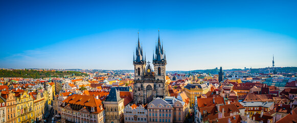 Aerial view over Church of Our Lady before Tyn at Old Town square in Prague, Czech Republic