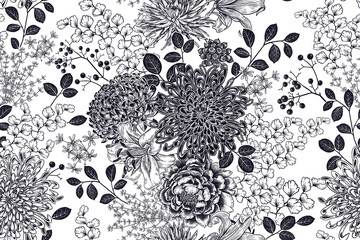 Nahtloses Muster. Blumen, Beeren und Blätter. Schwarz und weiß. Vektor. Jahrgang © marinavorona