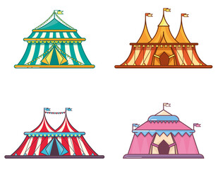 Circus tents in linear flat style. Different objects of amusement park.