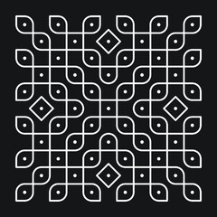 Rangoli or muggu or kolam is an art form originating in the Indian subcontinent. Patterns are created on the floor or the ground using materials such as limestone powder, rice powder or flower petals.