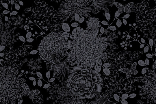 Seamless pattern. Flowers, berries and leaves. Dark background. Vector. Vintage