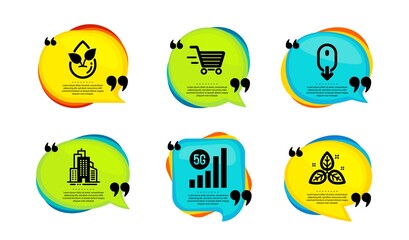 5g wifi, Skyscraper buildings and Scroll down icons simple set. Speech bubble with quotes. Organic product, Delivery shopping and Fair trade signs. Vector