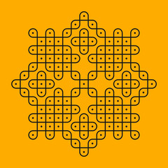 Rangoli or muggu or kolam is an art form originating in the Indian subcontinent. Patterns are created on the floor or the ground using materials such as limestone powder, rice powder or flower petals.