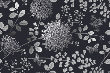 Nahtloses Muster. Blumen, Beeren und Blätter. Schwarz und Silber. Vektor. Jahrgang © marinavorona