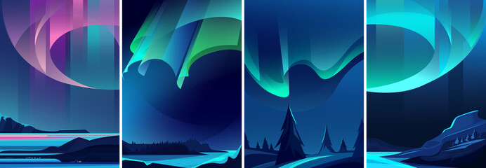 Illustrations of northern lights. Nature landscapes in vertical orientation. - obrazy, fototapety, plakaty
