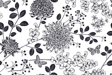 Nahtloses Muster. Blumen, Beeren und Blätter. Schwarz und weiß. Vektor. Jahrgang © marinavorona