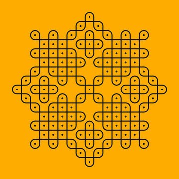 Rangoli or muggu or kolam is an art form originating in the Indian subcontinent. Patterns are created on the floor or the ground using materials such as limestone powder, rice powder or flower petals.