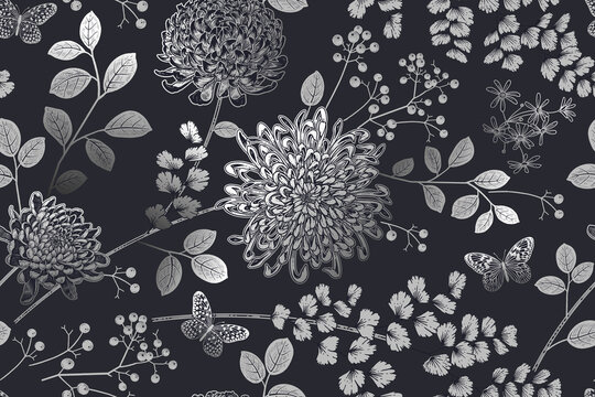Seamless pattern. Flowers, berries and leaves. Black and silver. Vector. Vintage