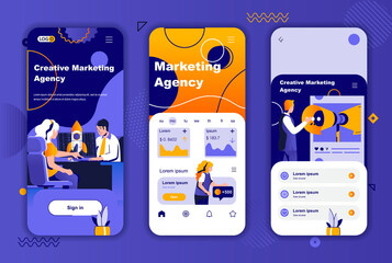 Marketing agency unique design kit for social networks stories. Marketing strategy, PR service and branding mobile screens for app. UI UX layouts vector illustration. GUI set with people characters.