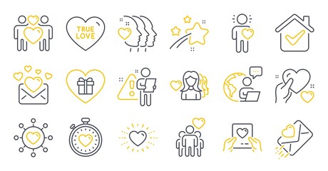 Set of Love icons, such as Romantic gift, Hold heart, True love symbols. Woman love, Friends couple, Friend signs. Heartbeat timer, Heart, Friendship. Dating network line icons. Line icons set. Vector