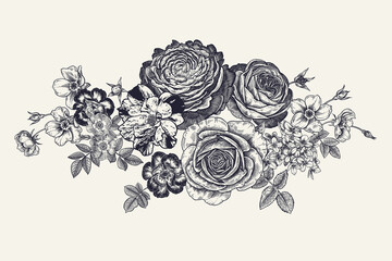 Schöne Gartenblumen. Schwarze Girlande auf weißem Hintergrund. Jahrgang © marinavorona