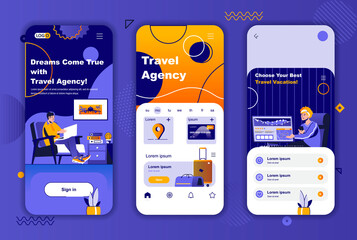 Travel agency unique design kit for social networks stories. Time to travel, online tour reservation mobile screen templates for app. UI UX layouts vector illustration. GUI set with people characters.