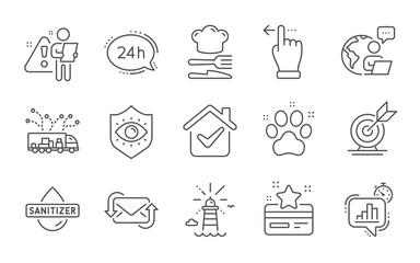 Loyalty card, Hand sanitizer and Food line icons set. Target goal, Lighthouse and Eye protection signs. Statistics timer, Touchscreen gesture and Refresh mail symbols. Line icons set. Vector